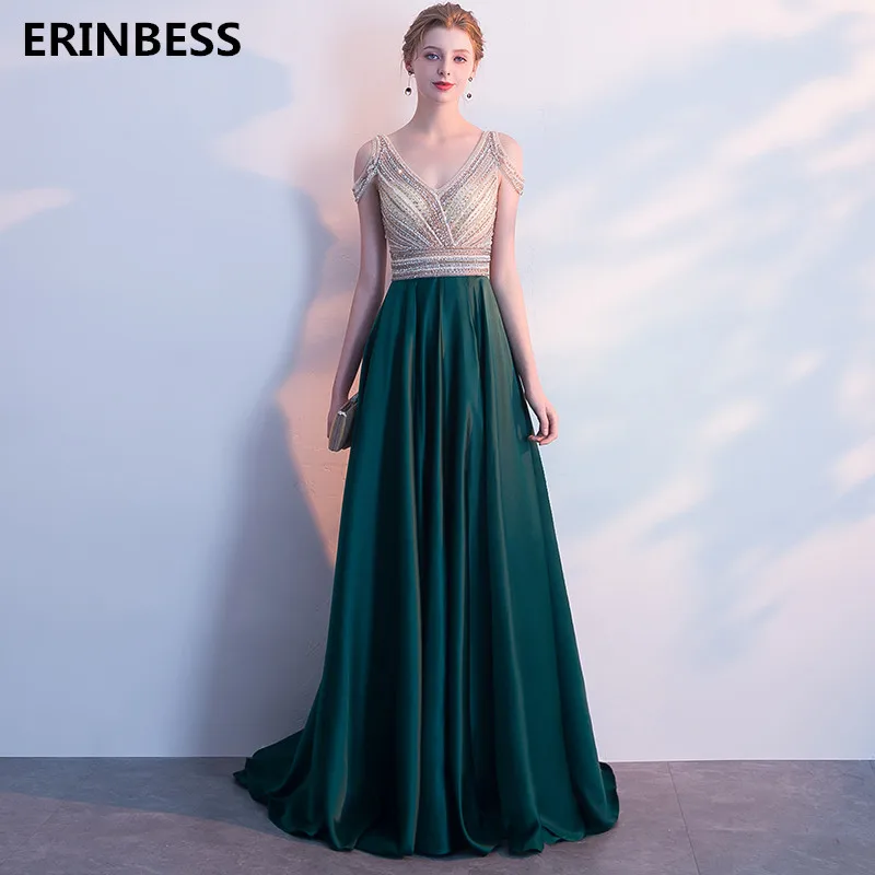 Женское длинное вечернее платье темно зеленое с V образным вырезом 2019|Вечерние