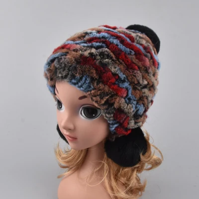 multicolor 5 Зимние меховые шапки для девочек из натурального меха кролика Рекс, шапка-ушанка с шариками, детская вязаная шапка с помпоном ручной вязки, шапочки, шарф-кольцо - Цвет: multicolor 5