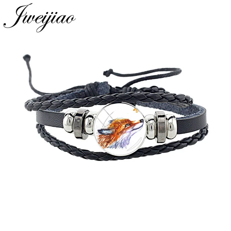 WF14 JWEIJIAO, новинка, милый браслет в виде лисы, стекло, изображение животного, кабошон, очаровательный черный браслет из искусственной кожи, браслет, браслет в стиле панк, ювелирное изделие, подарок CN96 - Окраска металла: WF14