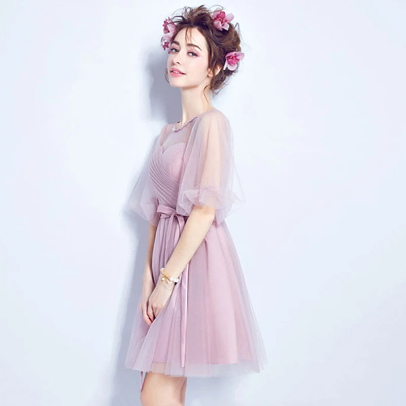 2016 очаровательный розовый шифон короткие линии половина рукава scoop шеи длиной до