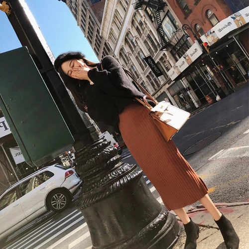 Женский Повседневный трикотажный комплект из 2 предметов юбка-свитер с разрезом