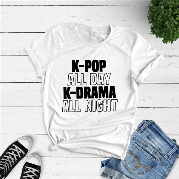 K-Pop All Day K-Drama All Night футболка Женская Корейская Южная Мода KPop Merch футболка хлопок короткий рукав топы - Цвет: white