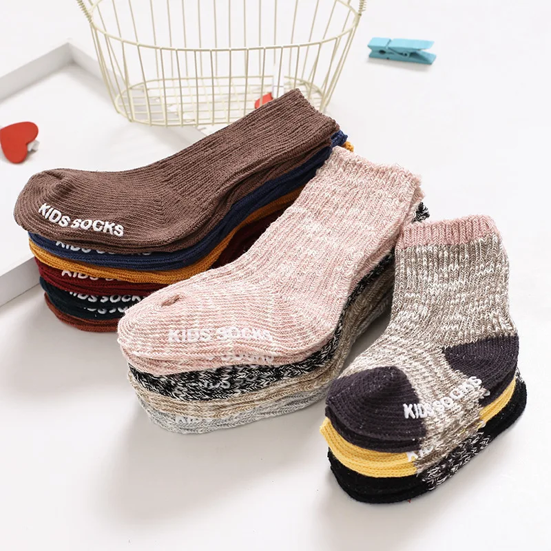 Baby Thicken Cotton Yarn Wool Socks Breathable Warm Middle Tube infant Pure Color Letters Kid Sock Anti-Slip Rubber Bottom | Детская