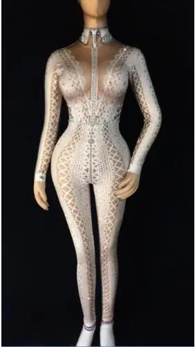 white jumpsuit Желтый, черный или белый комбинезон со стразами, стрейч, цельный, певец танцор ночного клуба, Женская праздничная одежда, сексуальное боди - Цвет: white jumpsuit