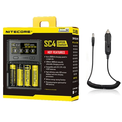 NITECORE SC4 интеллектуальное зарядное устройство для быстрой зарядки превосходное зарядное устройство с 4 слотами 6A общий выход совместимый IMR 18650 14450 16340 AA аккумулятор - Цвет: SC4 with Car Charger