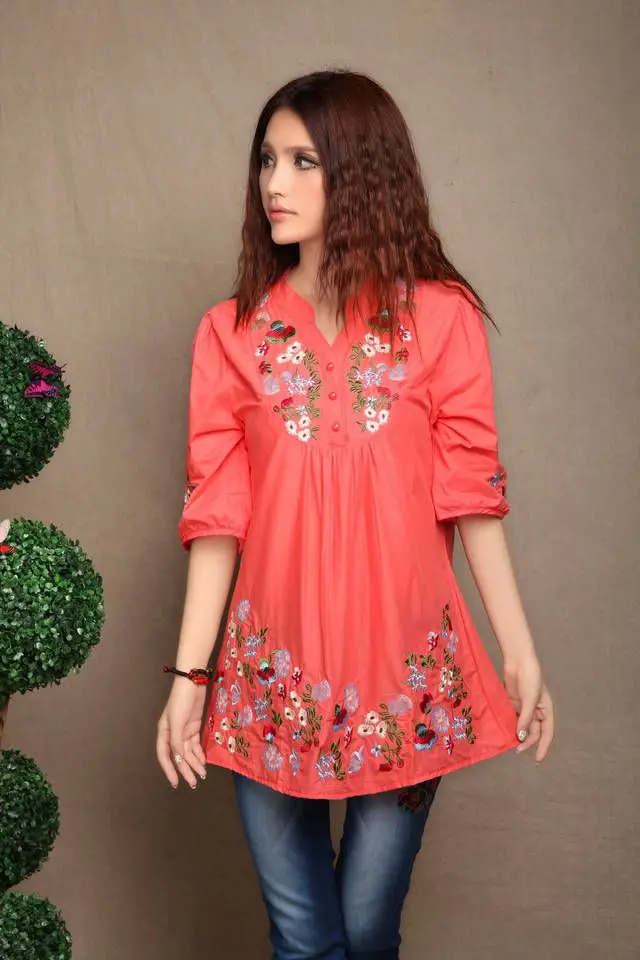 Блузка женская хлопковая с вышивкой Повседневная Длинная стильная рубашка
