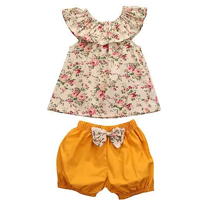

Летние Одежда для новорожденных девочек цветочные майка + лук-узел шорты 2 шт. наряды Bebek giyim комплект одежды для детей