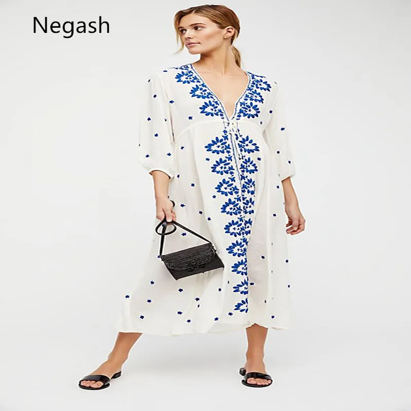 Новый V шеи цветочной вышивкой Vestidos Boho люди 3/4 рукав эластичный пояс Maix платье