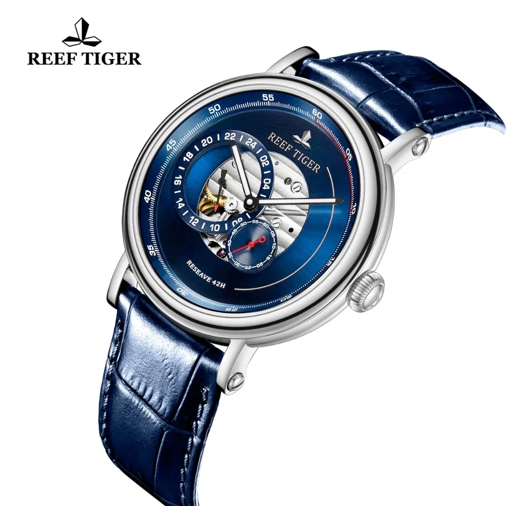 Reef Tiger/RT модные повседневные мужские синие дизайнерские часы с ремешком из натуральной кожи, автоматические часы в подарок RGA1617