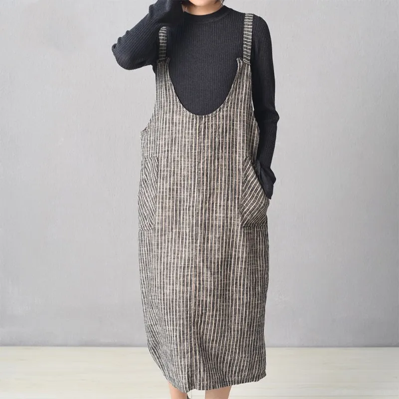 

New Women Stripe Vestido ZANZEA 2021 Sleeveless Pockets Pullover Spaghetti Strap Dress Brief Elegant Bib Overall Mid-Calf Kaftan
