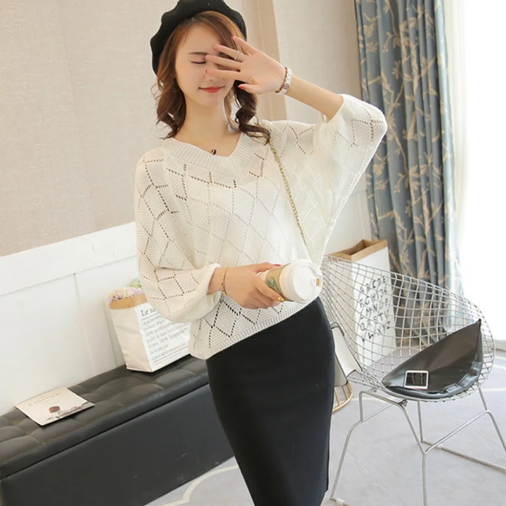 2019 spring summer sexy V-neck hollow pullover Sweater women fashion loose knitted sunscreen sweater Casual thin top female | Женская