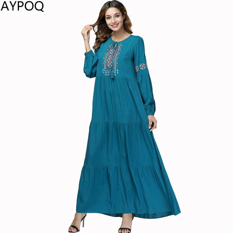 Женское платье макси AYPOQ винтажное плиссированное с длинным рукавом и вышивкой 4XL