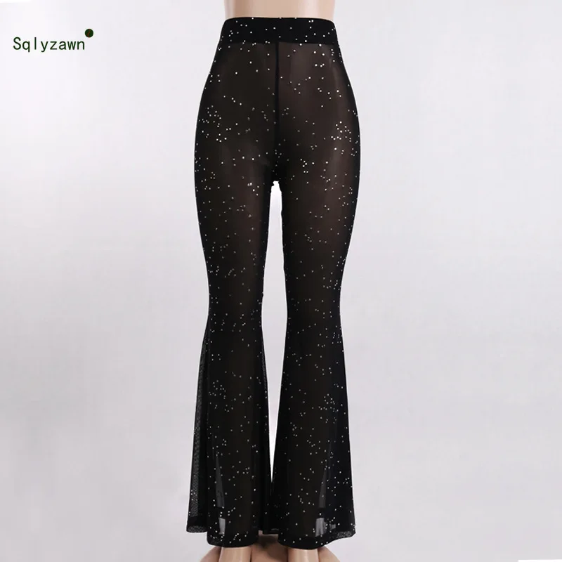 Женские прозрачные сетчатые штаны мягкие тонкие брюки со стразами и