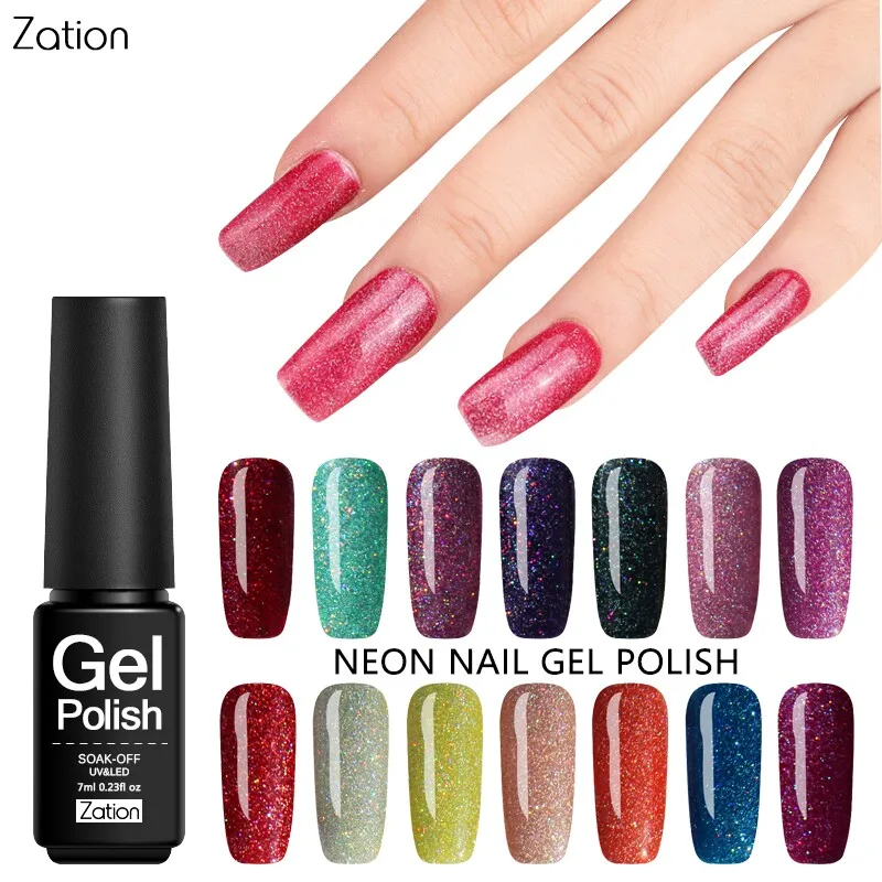 Лак для ногтей Zation Soak Off UV лак с блеском профессиональный неоновый Радужный