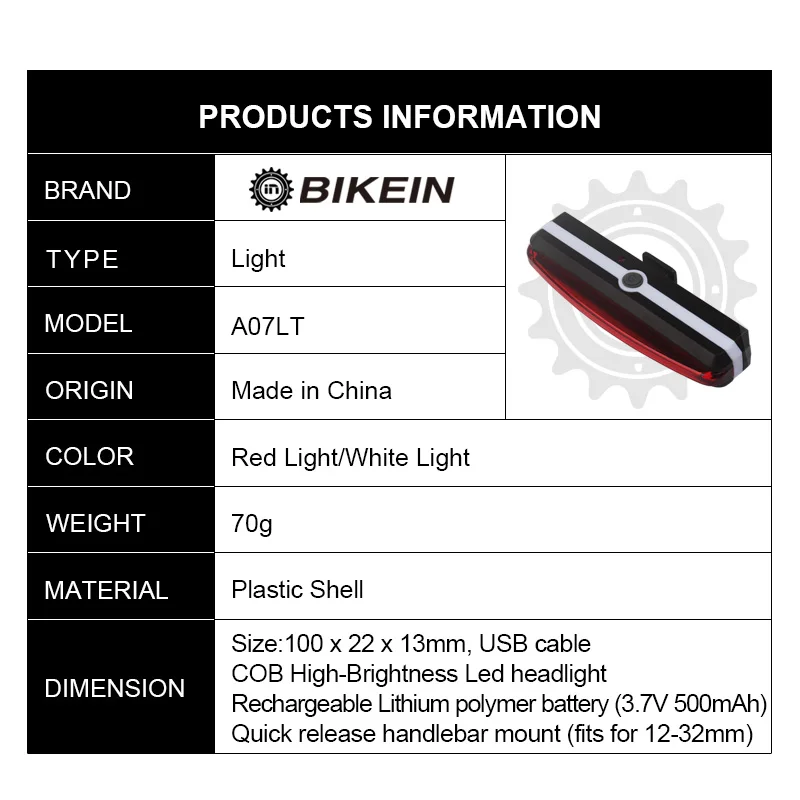 

BIKEIN - High-Brightness USB Charging Cycling Bike LED Taillight Safety Warning Lamp Rear Lights 3 Modes Bicycle Accessories