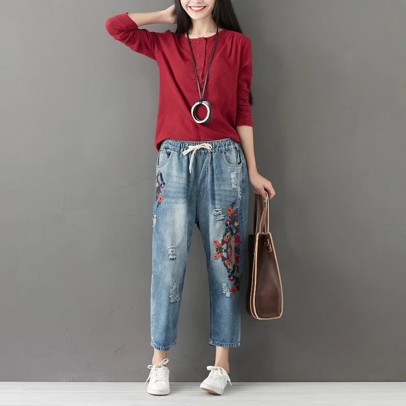 Джинсы Mom с вышивкой джинсовые брюки женские джинсы в китайском стиле новинка 2018