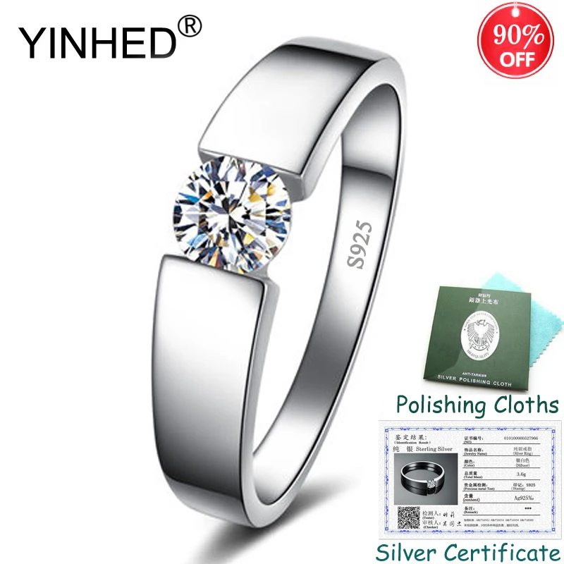 

Send Certificate ! YINHED 100% 925 Sterling Silver Wedding Rings for Men and Women 5mm Round CZ Diamond Solitaire Ring ZR550