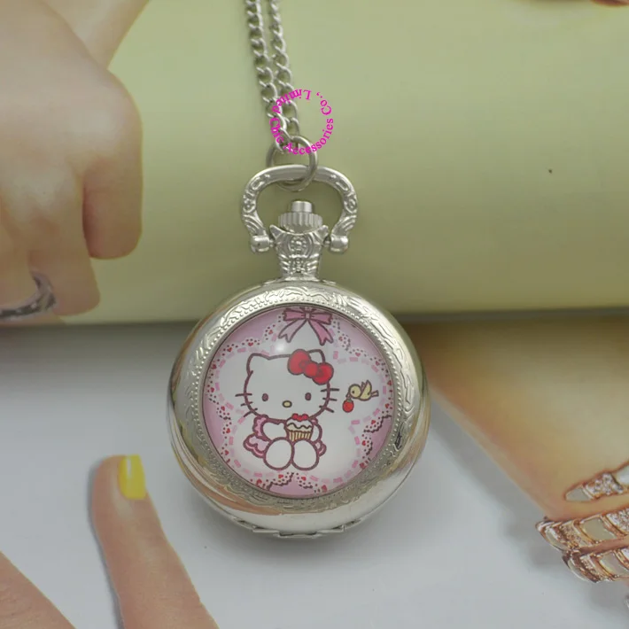 Модные карманные часы hello kitty, ожерелье, женские брелоки, часы hellokitty, черные круглые выпуклые линзы, стеклянная для фотографии, милая леди - Цвет: model 1