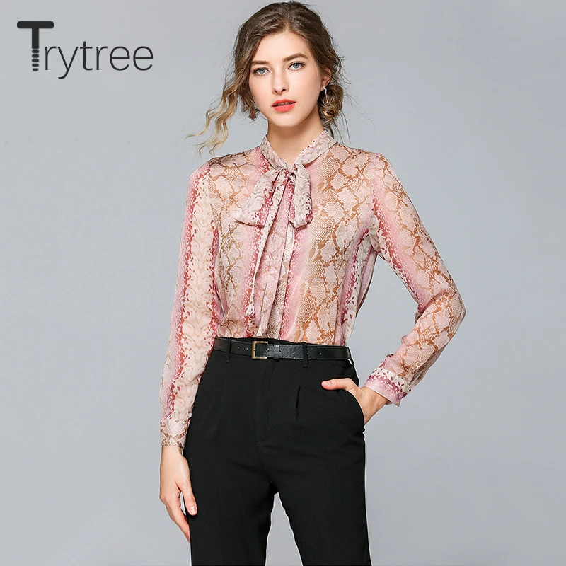 Ttytree Summer Autumn Fashion Blouses Pink Leopard Casual Shirt Women Bow Tie Single-breaste Silky Tops Office Lady Shirts |