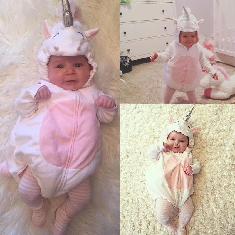 

Cute 3D Unicorn Infant Baby Kids Newborn Girl Cartoon Romper Fleece Jumpsuit Sleeveless Hooded Outfits Cosplay Costume 0-24M