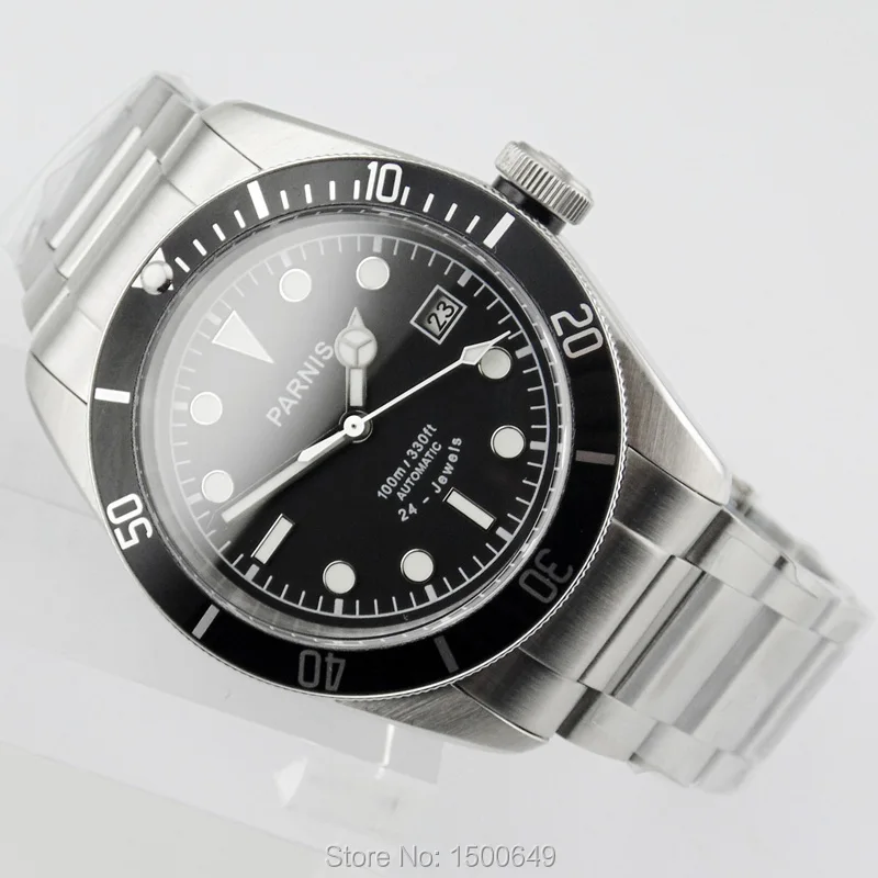 W1825 Parnis 41 мм черный циферблат сапфировое стекло Дата черная рамка вставки