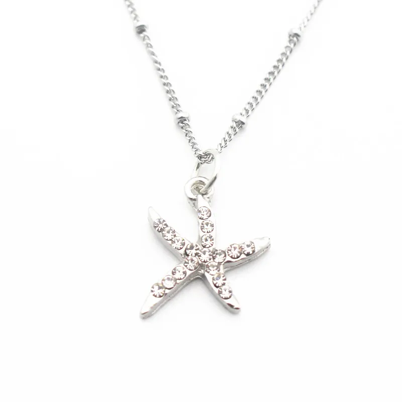 

Hot Selling 2pcs/Lot Alloy Starfish Crystal Necklace Dangle Charms Long chain 50cm Neck Pendants For Women