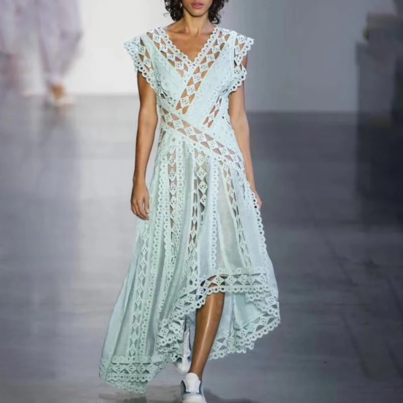 

Summer Dress 2019 Fashion New Diamond-shaped Hollow Beaded Waist Irregular Sleeveless Long Dress