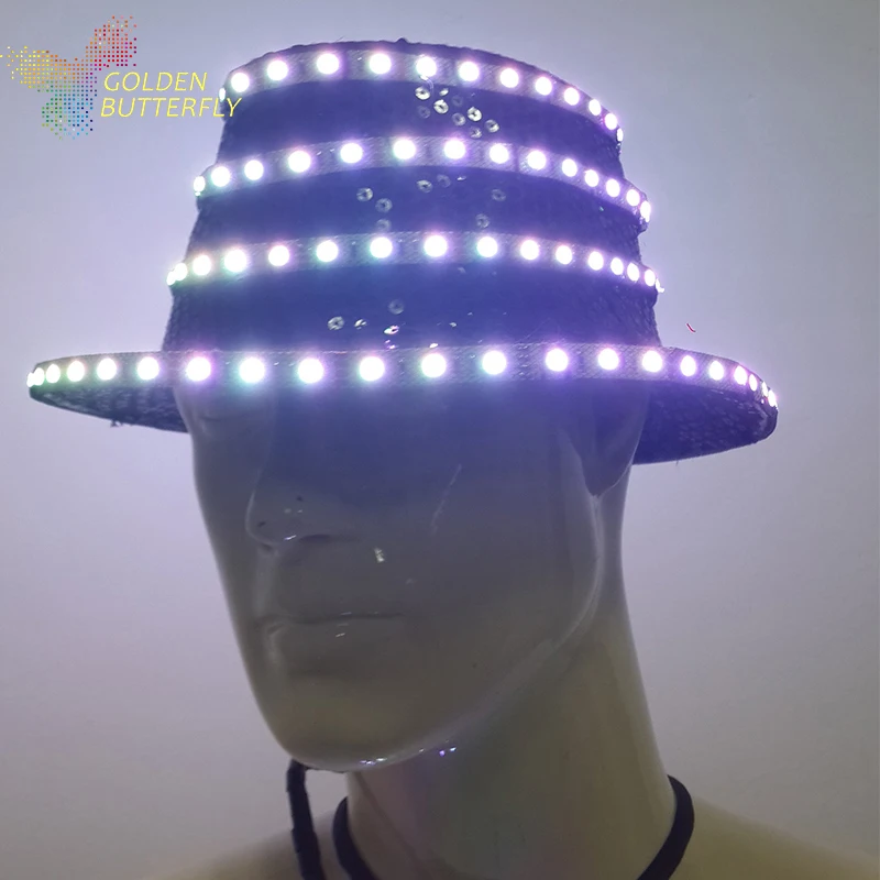 

LED Hat 2017 New luminous glowing Men/Unisex Vintage Blower Jazz Hat Trilby Derby Cap Style Hats Dance accessories Free Shipping