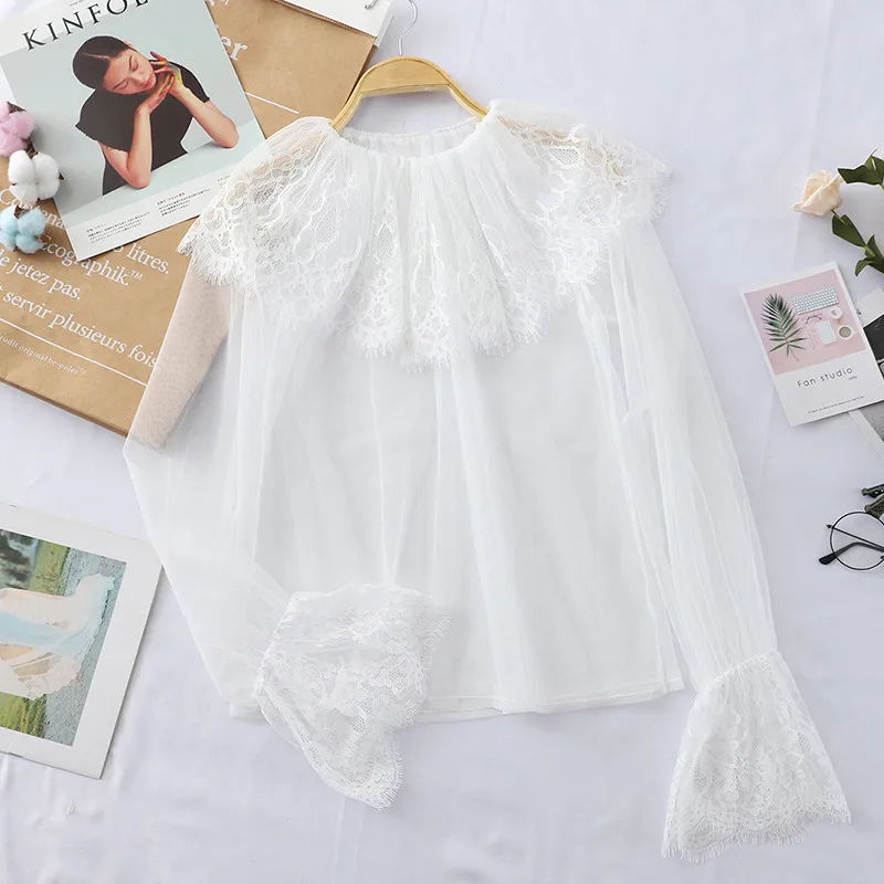 Женская кружевная блузка с длинными рукавами Весенняя Блузка оборками и