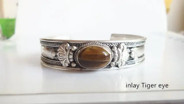 Tiger eye BB-455 традиционный тибетский серебряный инкрустированный бисером браслет непальский винтажный открытый манжет агатовый глаз - Окраска металла: Tiger eye