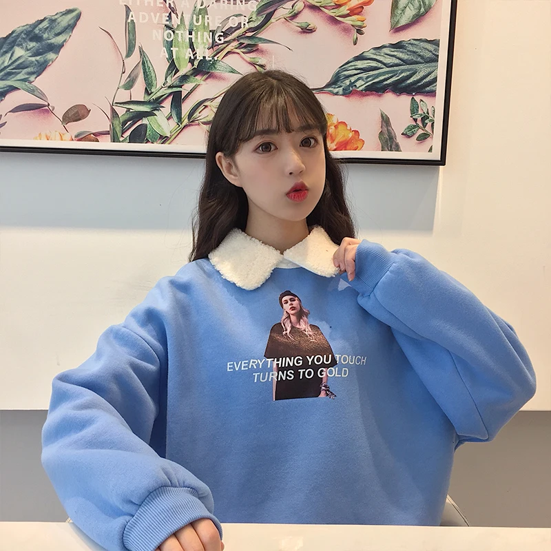 Толстовки женские толстые плюс бархатные теплые Kawaii Мягкие Универсальные пуловеры с принтом женские s Ulzzang корейский стиль Милая шикарная одежда