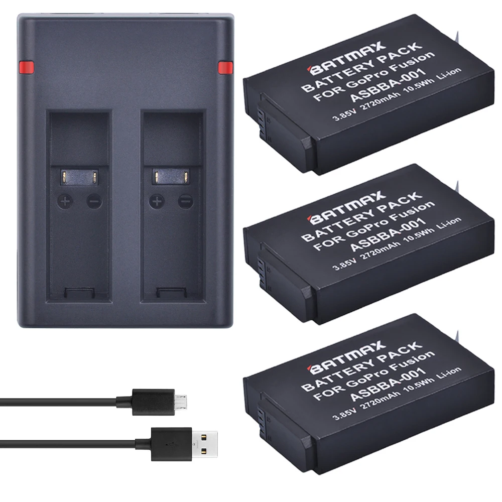 Аккумулятор для камеры Batmax 3 шт. 2720 мАч + двойное зарядное устройство USB для GoPro ASBBA-001 аккумулятор и камера Gopro Fusion 360 градусов