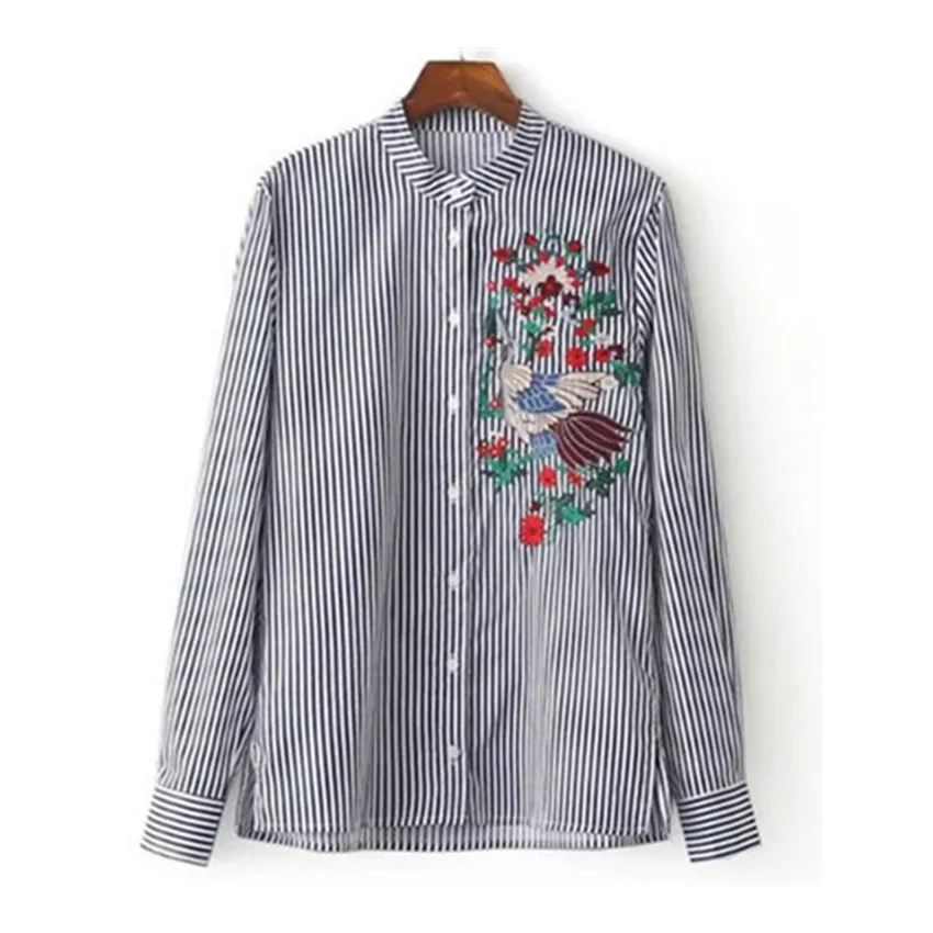 Woman Embroidery Blouse Striped Shirt Cotton Stand Collar Long Sleeve Floral Bird Tops Camisa Feminina |