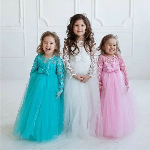 Детское платье с цветами для девочек подружки невесты длинным рукавом и бантом