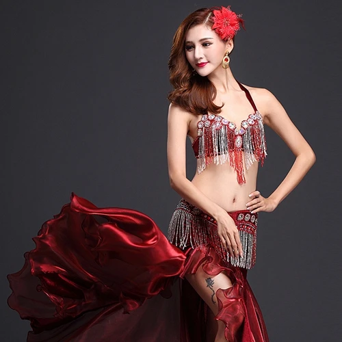 Wine 3 pcs set Представление Восточный живот Одежда для танцев костюм из 3 предметов бюстгальтер из бисера, пояс и юбка танец живота костюм набор - Цвет: Wine 3 pcs set