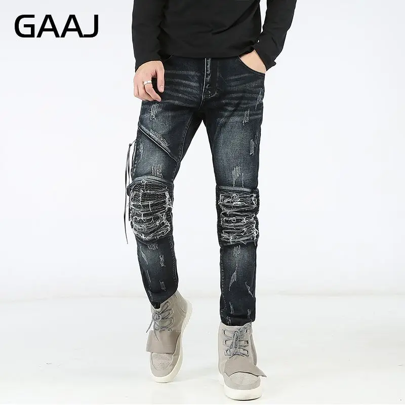 Мужские рваные джинсы в стиле хип-хоп синие байкерские на молнии для мужчин