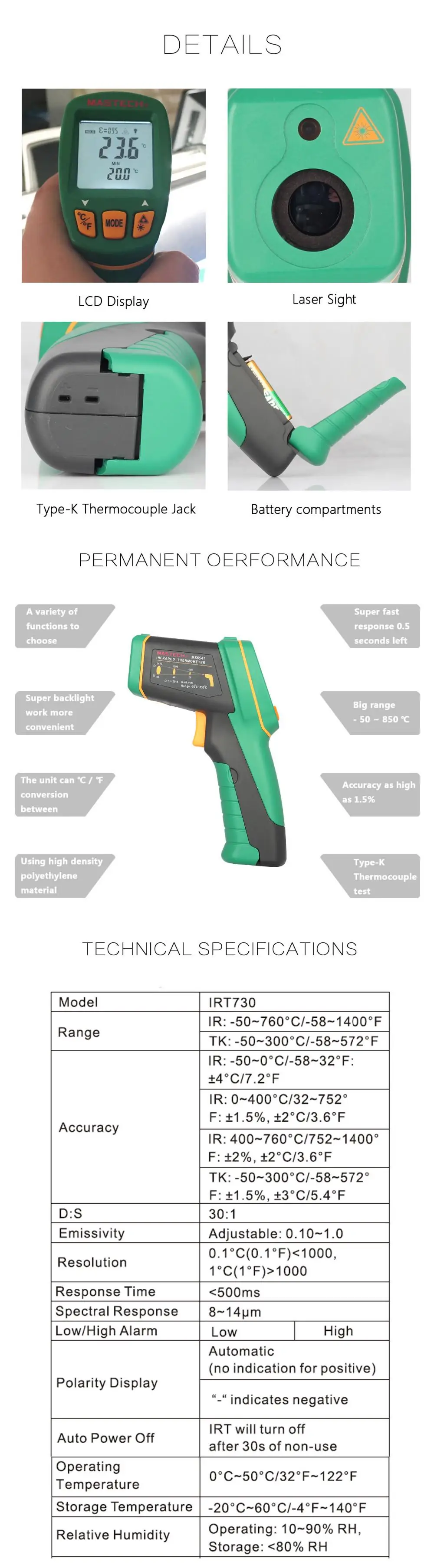 MASTECH MS6541 Ручной бесконтактный инфракрасный лазерный термометр точечный температурный пистолет-50C~ 760C с К-типа температуры