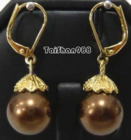 hot sell noble hot sale free shippingchocolate brown shell pearl 18kgp flower hook earrings