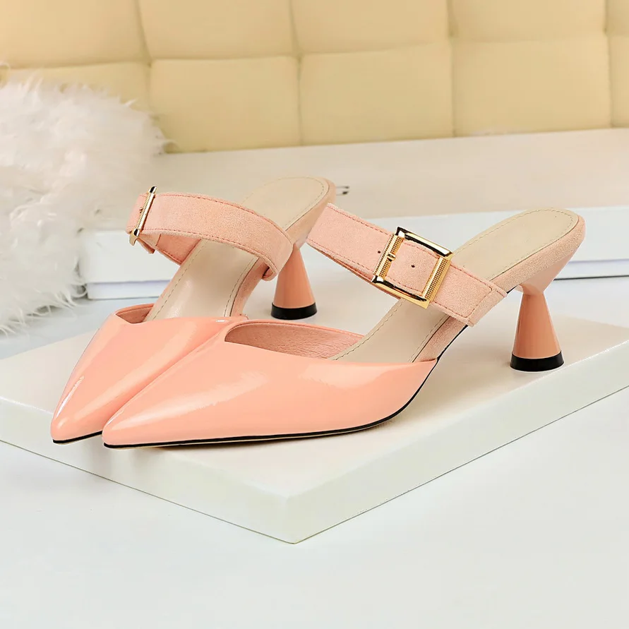 Pink Летние женские туфли без задника на низком каблуке 6 см с пряжкой; сланцы без задника; женские желтые тапочки на необычном каблуке; модные розовые туфли с острым носком - Цвет: Pink