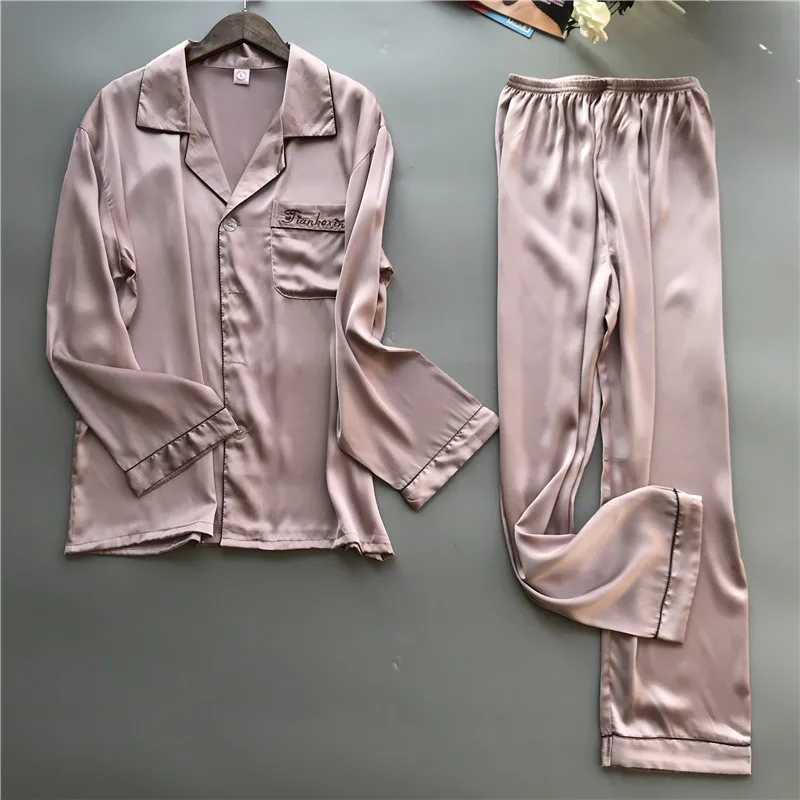 pale mauve Daeyard Мужской Шелковый пижамный комплект, ночная рубашка с длинным рукавом и штаны с эластичной резинкой на талии, пижамные комплекты, Повседневная Свободная одежда для сна, домашняя одежда - Цвет: pale mauve
