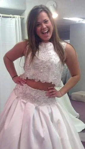 Bling 2016 Две Пьесы Свадебные Платья Кружева Атласная Блестками Кристалл Бисером