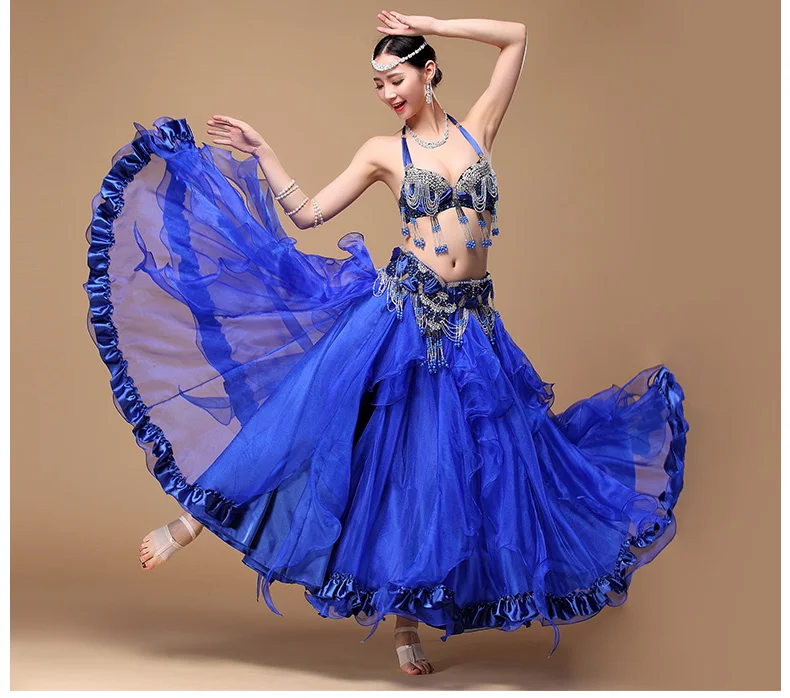Royal blue 3pcs Set Новинка, Женская Одежда для танцев, профессиональная, 3 шт., наряд размера плюс, чашка C/D, бюстгальтер, пояс, юбка, длинные восточные бусы, костюм для танца живота - Цвет: Royal blue 3pcs Set