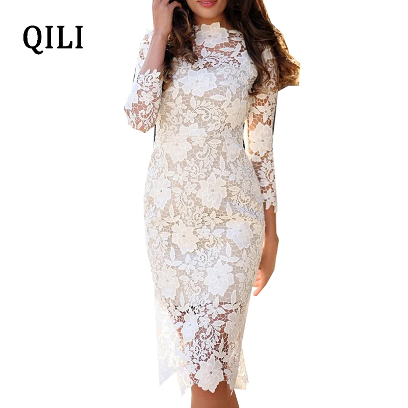 

QILI White Lace Dress For Women Long Sleeve Elegant Floral Lace Bodycon Dresses Evening Party Club See Through Dress Autumn New