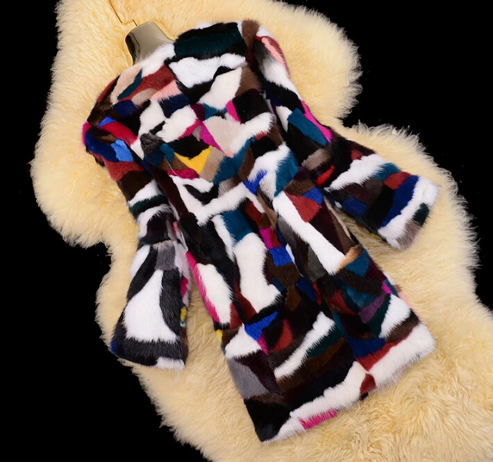 Натуральный мех норки красочное длинное Норковое меховое пальто женское ручной