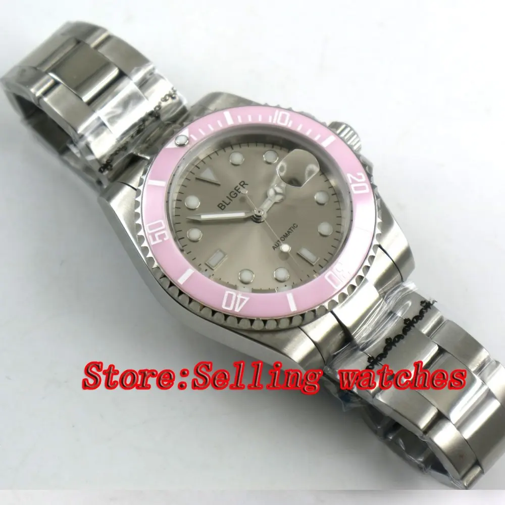 Bliger 40 мм Серый Циферблат светящиеся сапфир стекла розовый керамический ободок