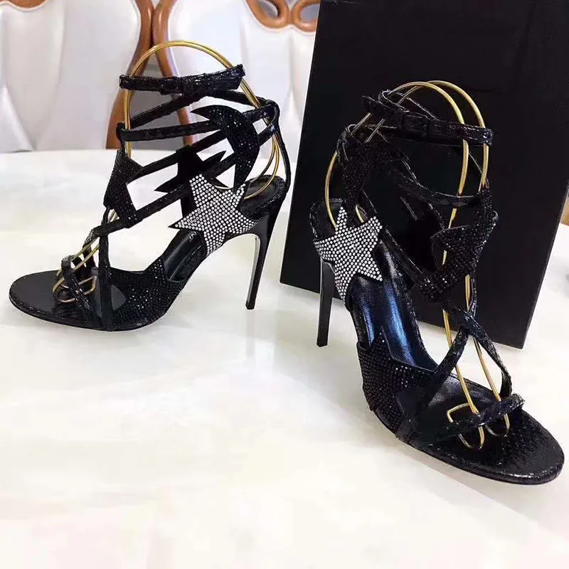 Женские сандалии гладиаторы со стразами туфли на высоком каблуке с открытым