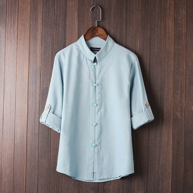 Jbersee Chinese style disc buckle Tang Mid-sleeve shirt men vintage big size 5xl linen clothing camisa masculina | Мужская одежда