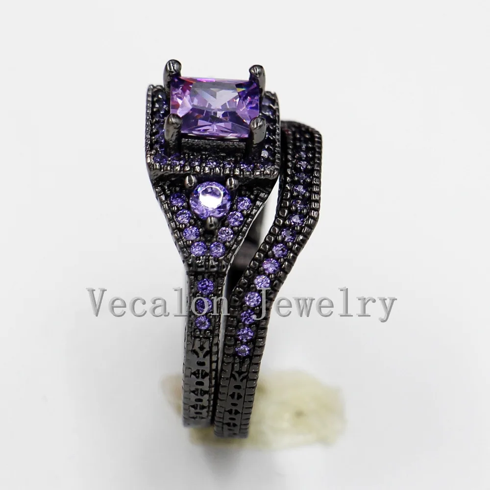 Vecalon Tremdy New Wedding Band Ring Set for Women purple AAAAA Zircon Cz 10KT Black Gold Filled Female Engagement ring | Украшения и