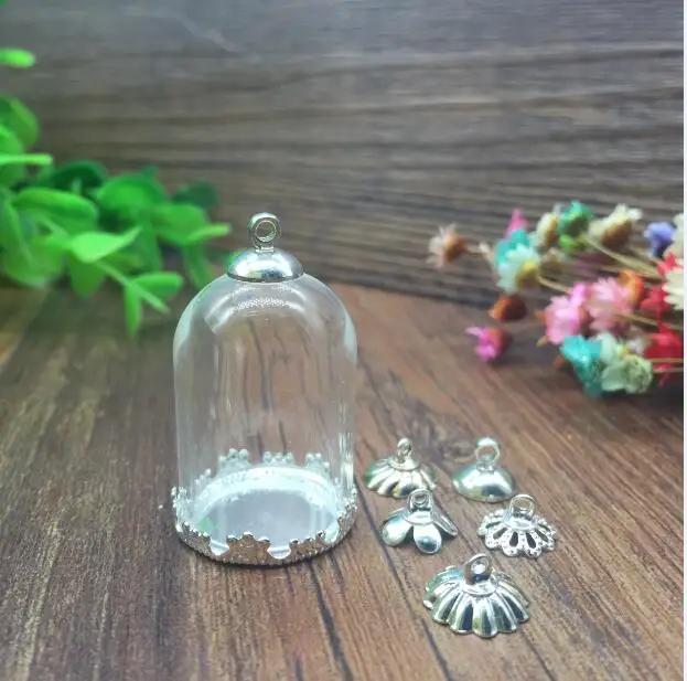 

50sets/lot 30*20mm clear tube glass globe with silver plated color crown base metal cap set charm glass vial pendant accessories