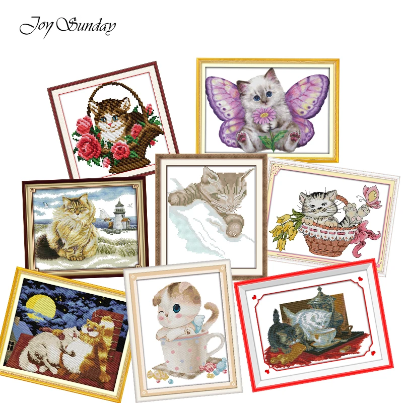 

Joy Sunday Cross Stitch Kits Fat cats and the Lighthouse Needlework Embroidery kit Animals Patterns Printed Water Soluble Canvas
